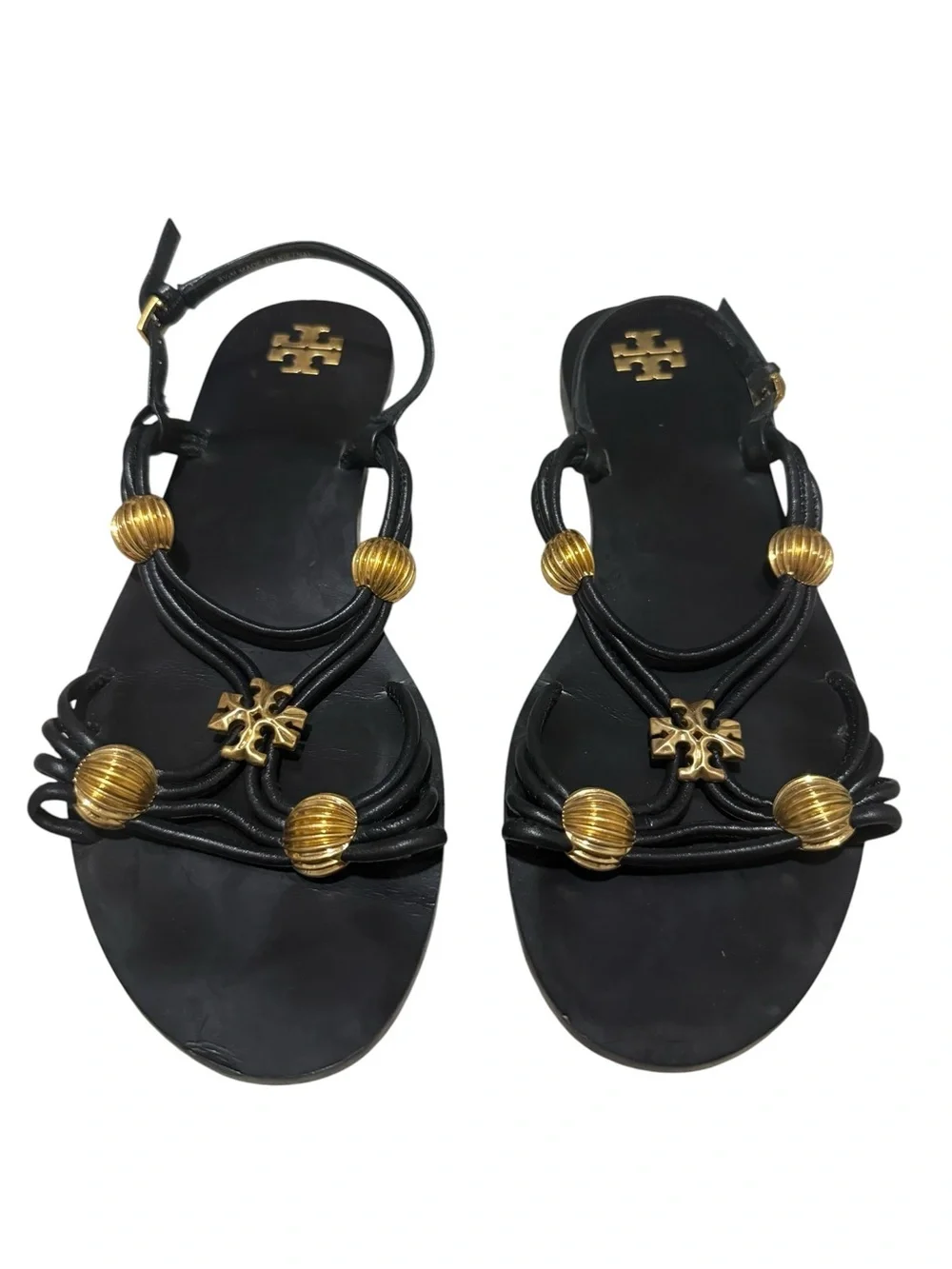 Tory Burch Capri Multi-Strap Sandals in Black and Gold Size 8.5